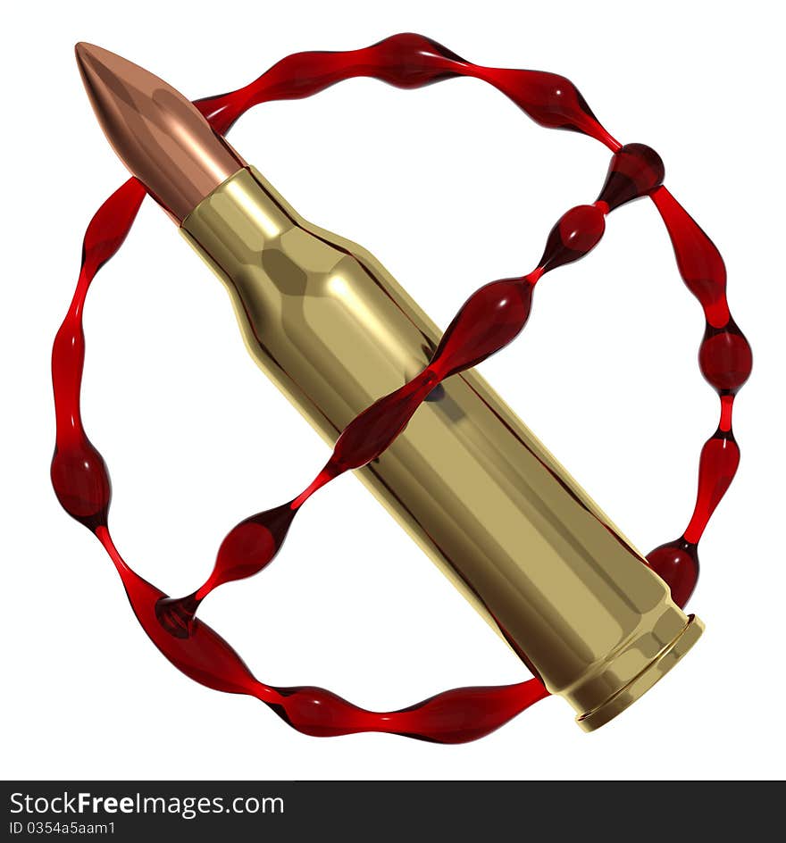 Anti war symbol created of bullet and blood. Against killing icon. 3d render