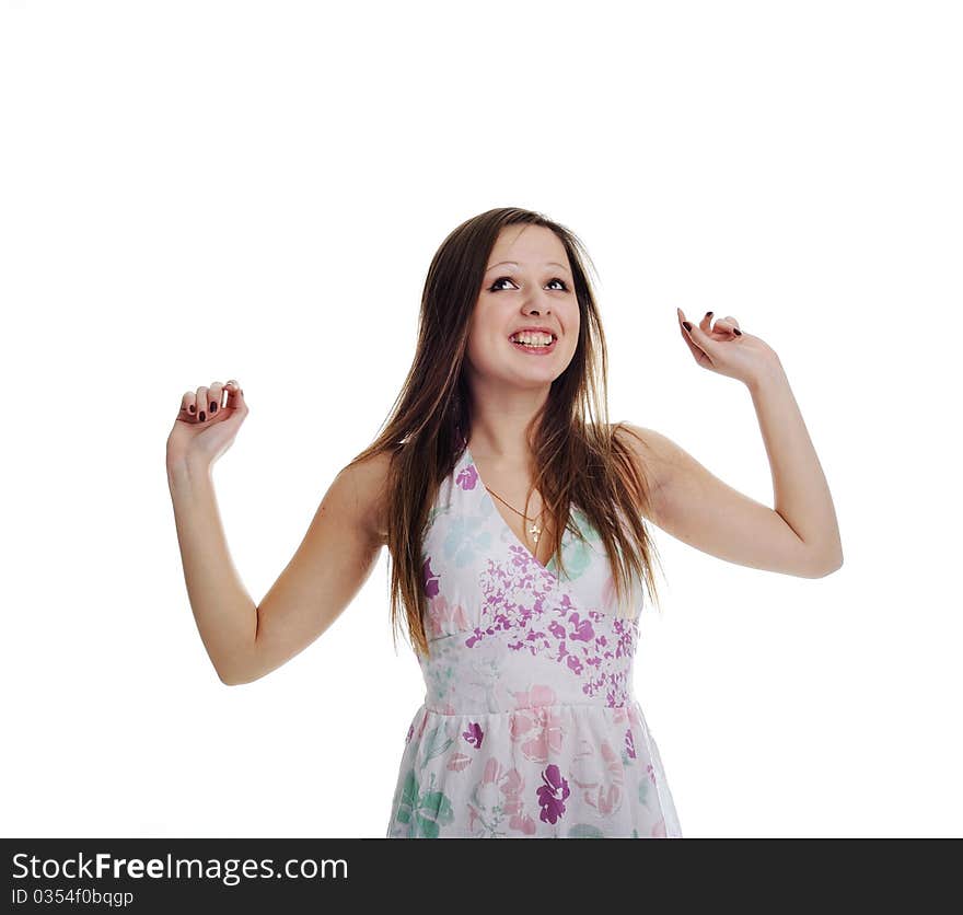 An image of a happy beautiful girl in light dress. An image of a happy beautiful girl in light dress