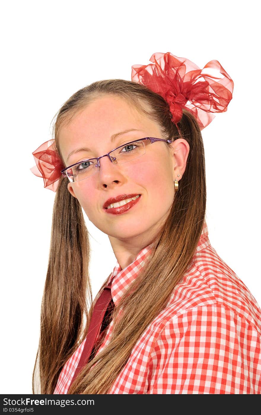 Girl in glasses with a red bow in a plaid blouse turned my head. Girl in glasses with a red bow in a plaid blouse turned my head