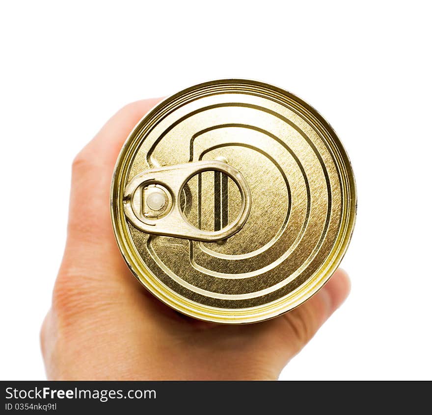 Tin in the men's arm, white background, isolated