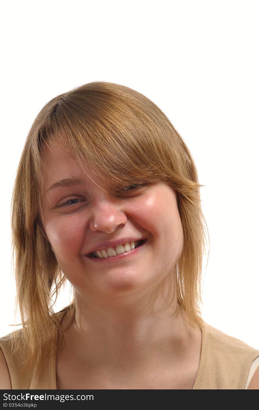 Young smiling woman against white background. Young smiling woman against white background