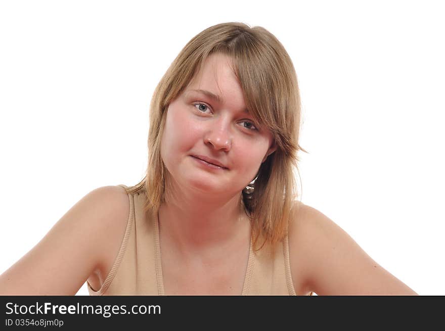 Young blond looking thoughtfully and calmly. Isolate studio shot against white. Young blond looking thoughtfully and calmly. Isolate studio shot against white