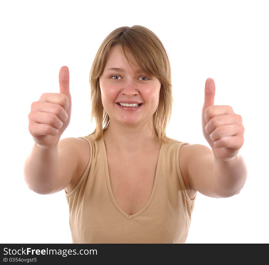 Young woman makes a gesture of support. Isolate taken in studio. Young woman makes a gesture of support. Isolate taken in studio