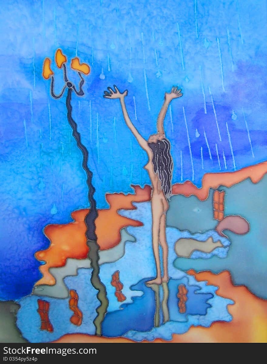 Girl Is Standing In The Rain. Abstract Painting.