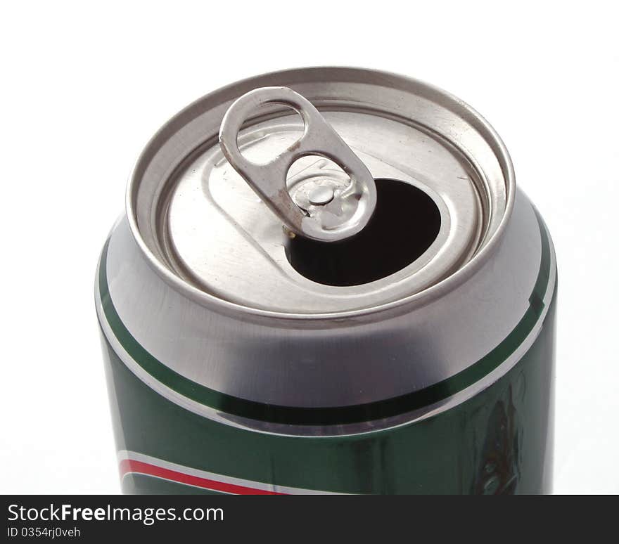 Top of an open drink can over a white background .