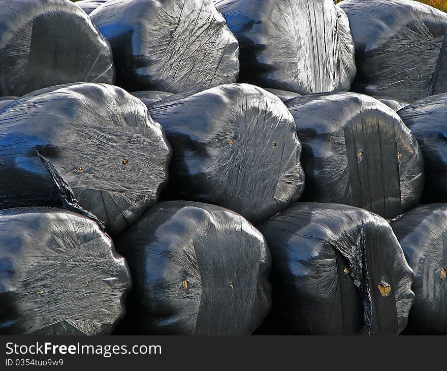 Plastic wrapped straw bales