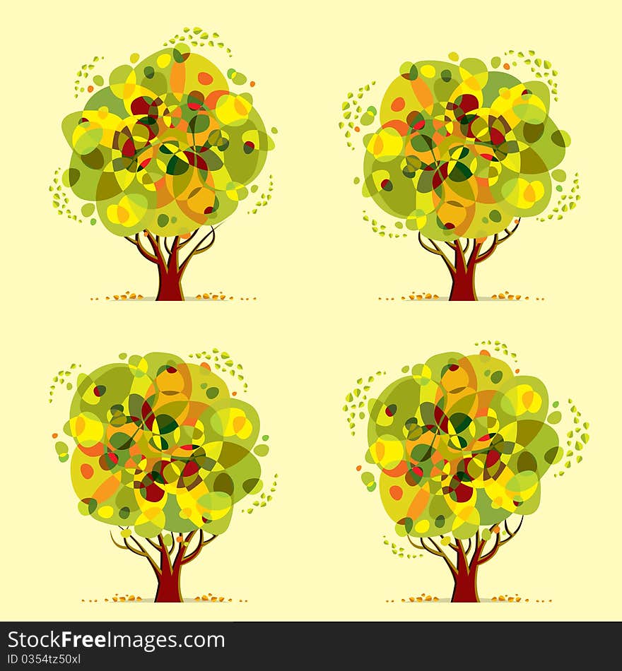 Set of four trees with leaves on the wind