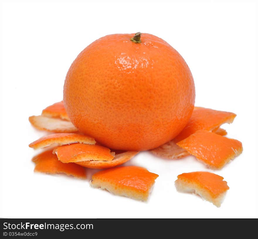 Picture of ripe mandarine with a skin on a white background