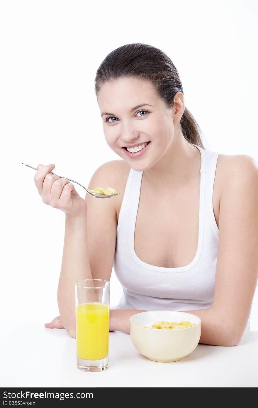 Attractive young woman lunching on white background. Attractive young woman lunching on white background