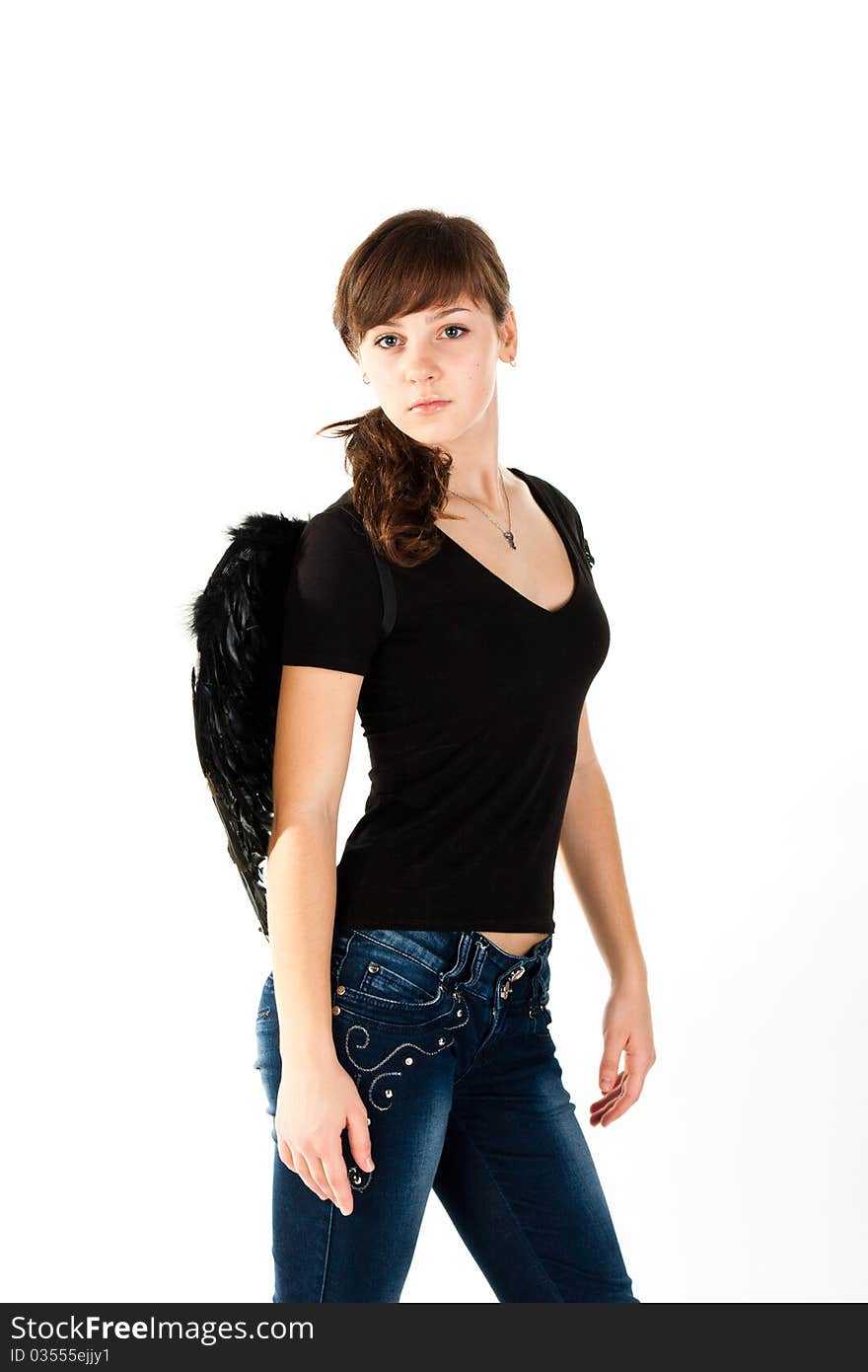 Beautiful Girl Standing In Black Wings