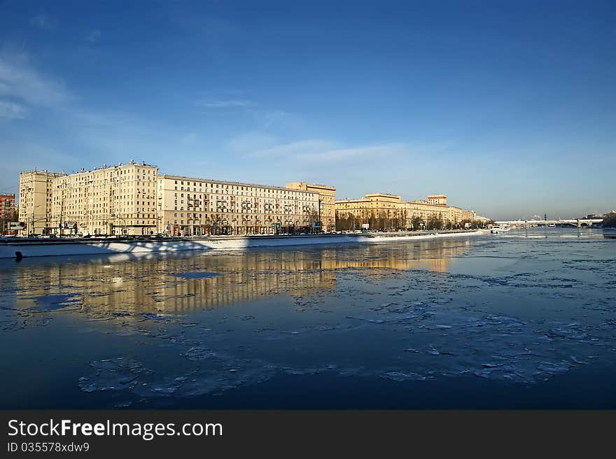 Moscow River and promenade on a clear winter day. Moscow, Russia