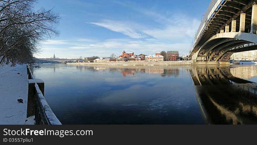 Moscow River, Andreyevsky Bridge and promenade on a clear winter day (panorama). Moscow, Russia