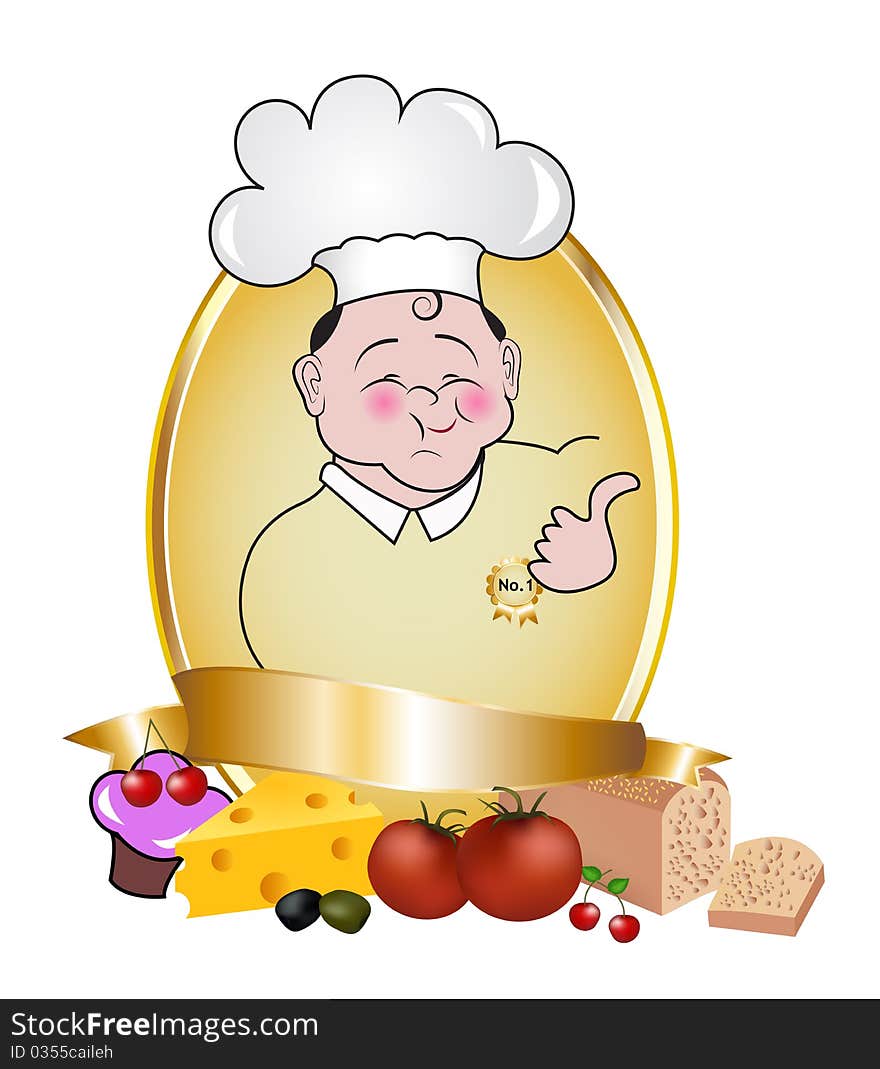 Royal label with chef. Isolated white background. Golden details.