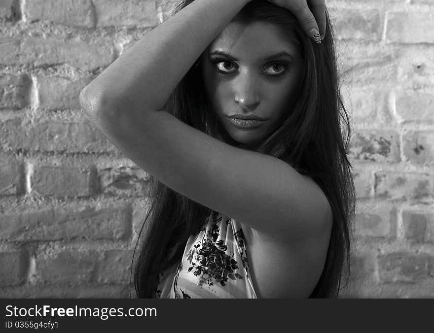 Young sexy woman on brick wall background.