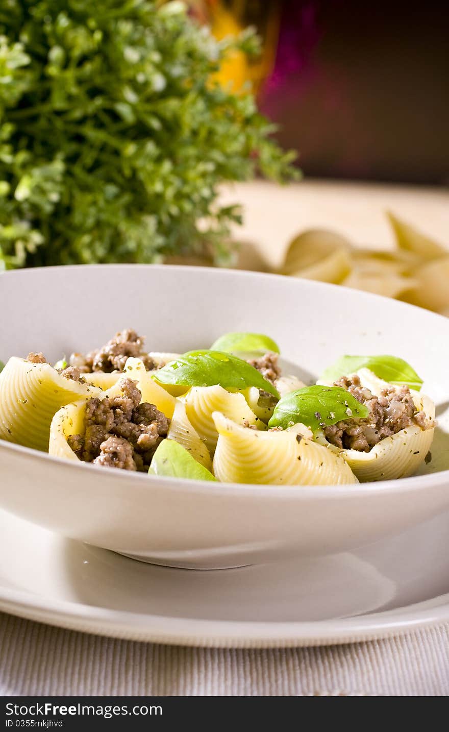 Delicious dinner shell pasta bolognese