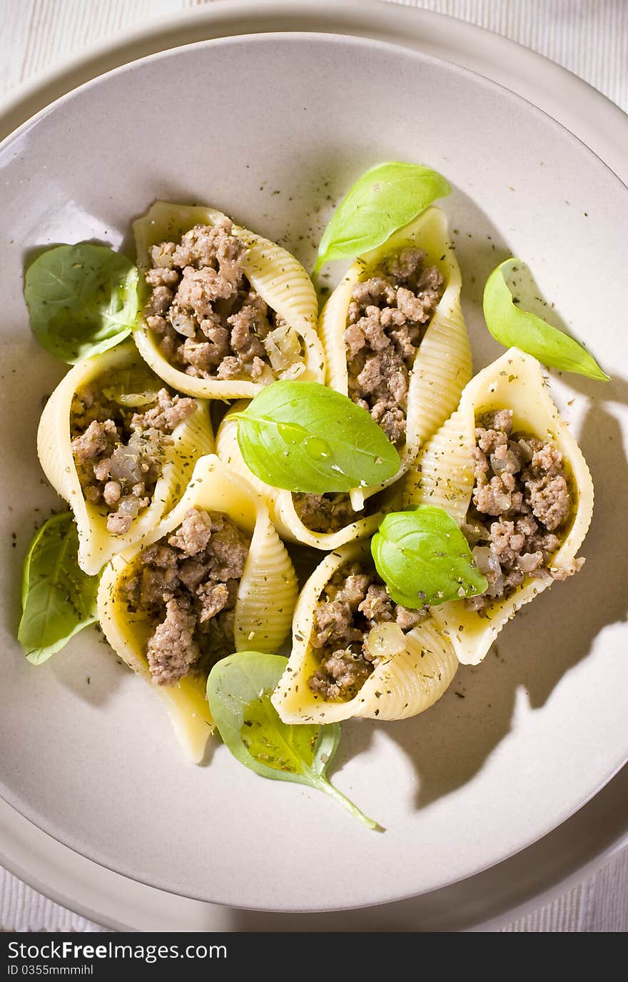 Delicious dinner shell pasta bolognese