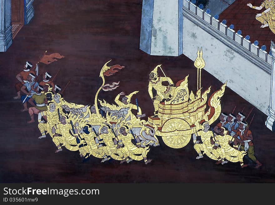 Lai thai art painting on wall in temple