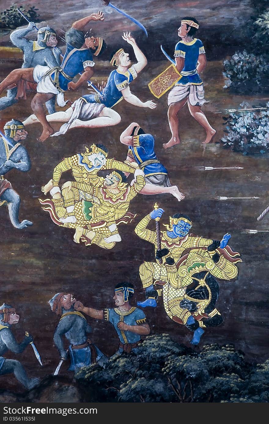 Art thai painting on wall in temple