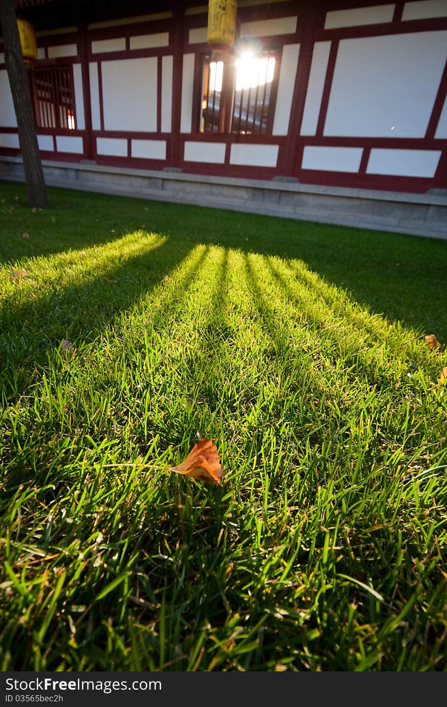 Serenity evening in the backyard of Old palace in China. The sunshine shines in the window, the lawn is bright and green though it's autumn.