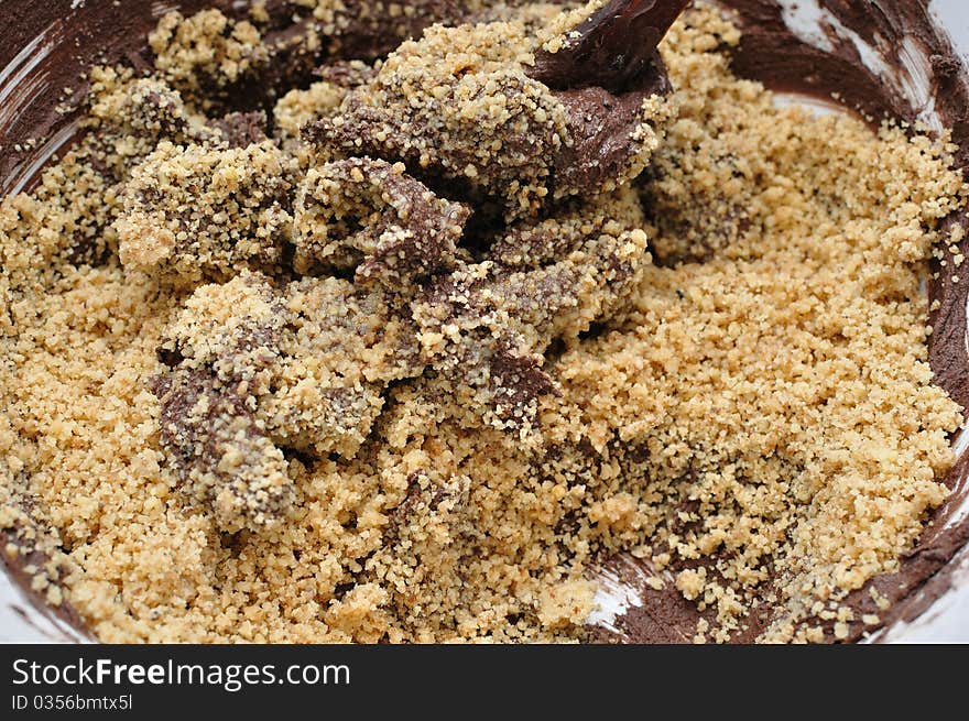 Baking chocolate cake with nuts- process of cooking