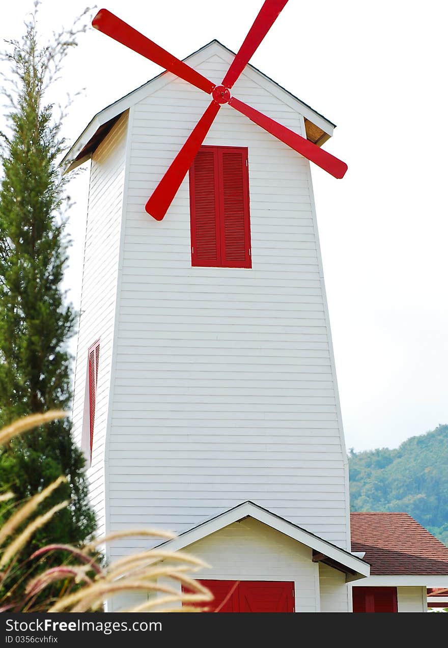 Red windmill in thailand country