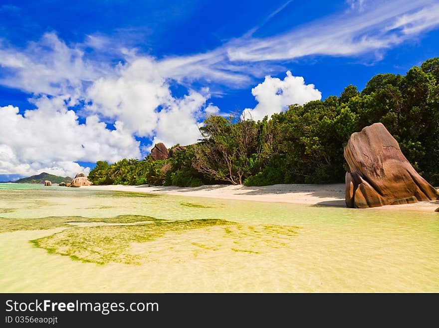 Beach Source d'Argent at Seychelles - nature background