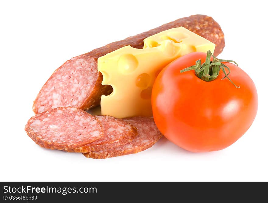 Cheese, tomato and sausage isolated on white background