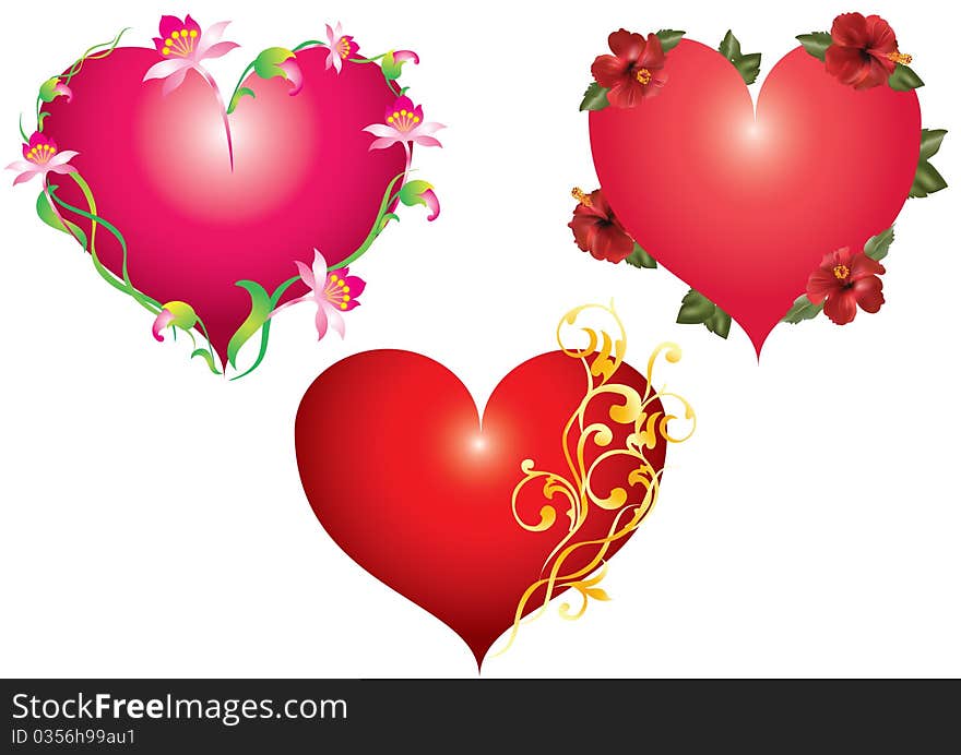 Three red abstract heart with flowers and ornaments. Three red abstract heart with flowers and ornaments.