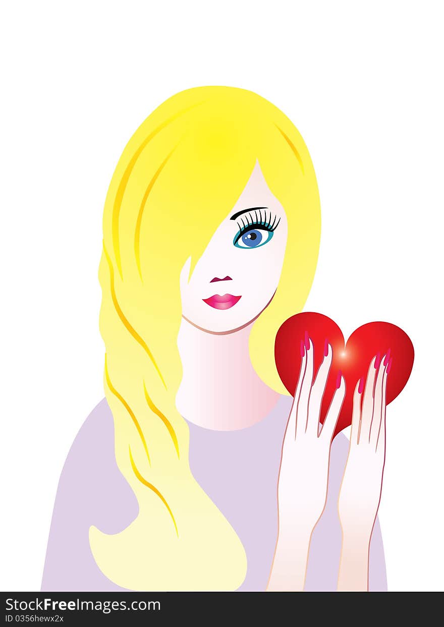 Beautiful girl and red heart on a white background. Beautiful girl and red heart on a white background