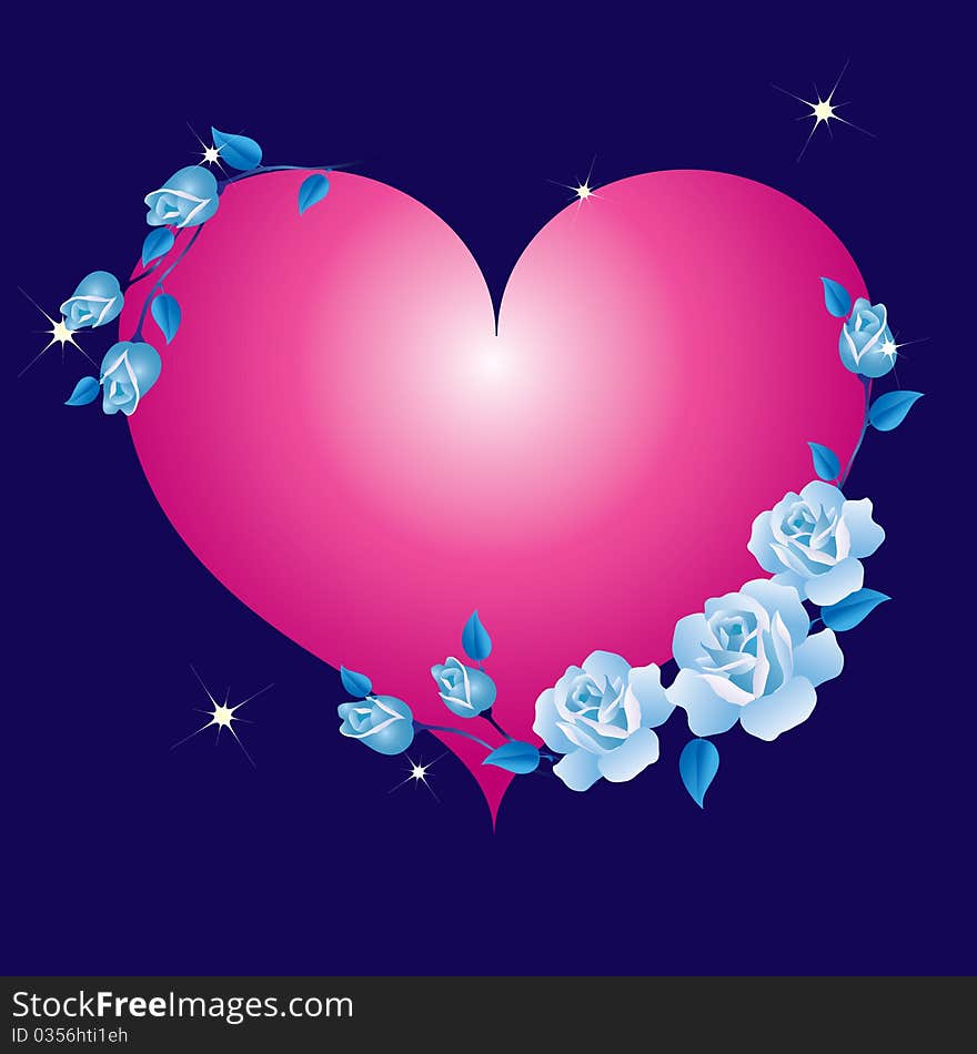 Abstract heart framed with blue roses on a blue background. Abstract heart framed with blue roses on a blue background.