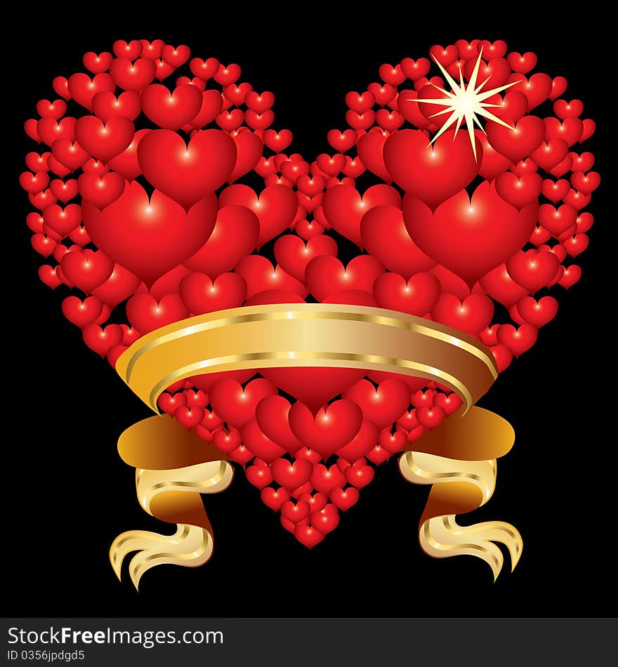 Abstract red heart with golden ribbon on a black background. Abstract red heart with golden ribbon on a black background.