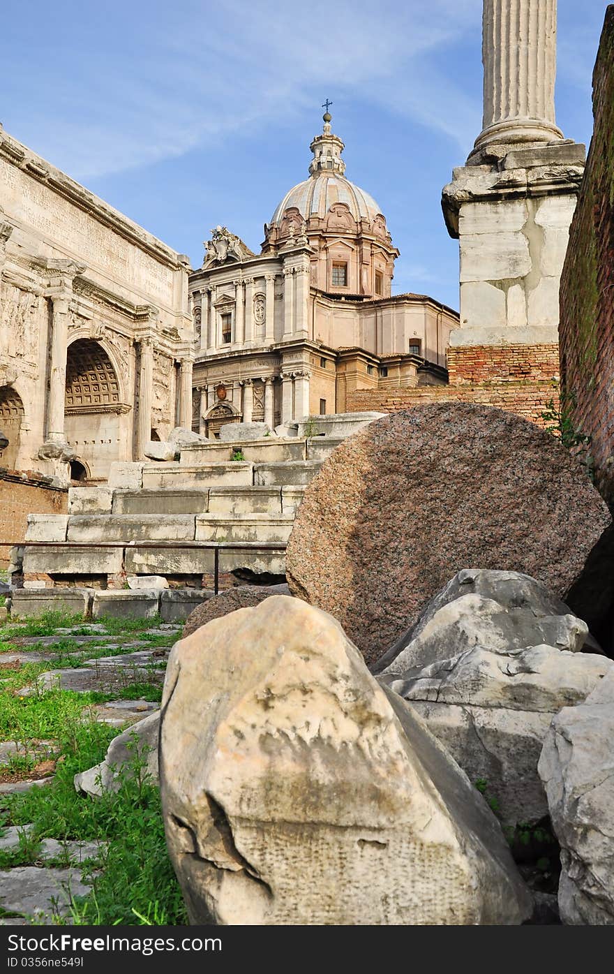 View of San Pietro in Carcere Church from Roman Forum, ancient roman ruins in Rome, Italy. View of San Pietro in Carcere Church from Roman Forum, ancient roman ruins in Rome, Italy.