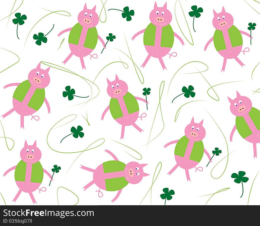 Pig and four-leaf clover as a background