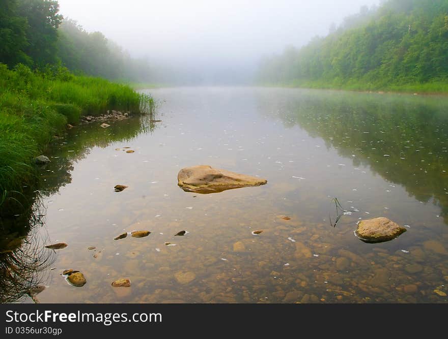 Mountain river and forest in fog at dawn