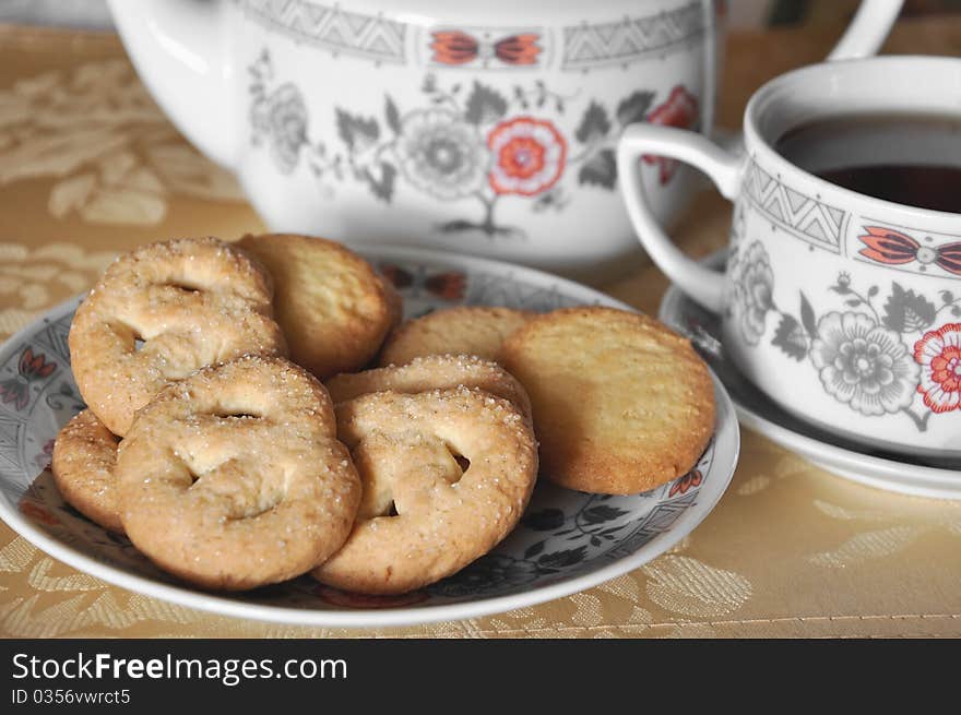 Cup of tea with sweet cookies. Cup of tea with sweet cookies