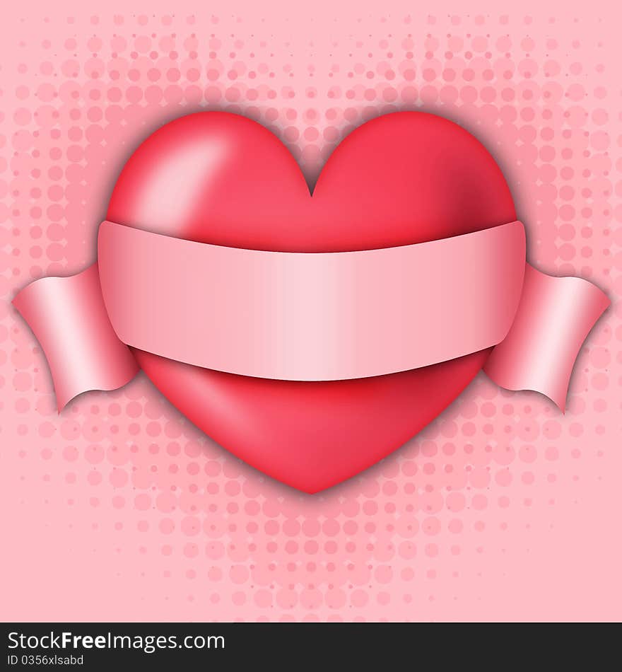 Illustration of red heart with a ribbon for inscription on an abstract background