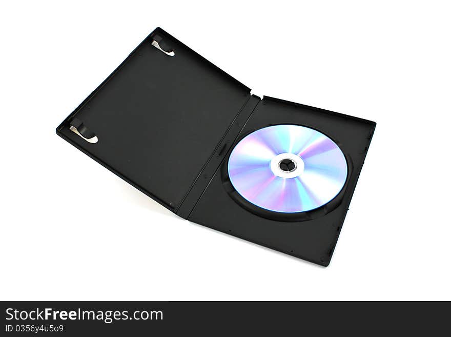 Black box with writable DVD disc inside isolated on white background.