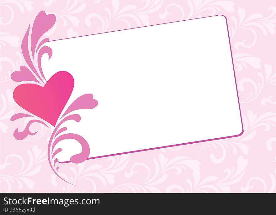 Pink valentine card with heart and floral ornament. Pink valentine card with heart and floral ornament