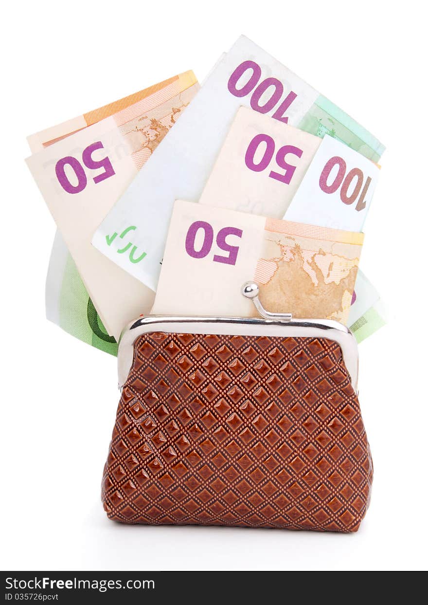 Euro money in open purse, isolated on white. Euro money in open purse, isolated on white