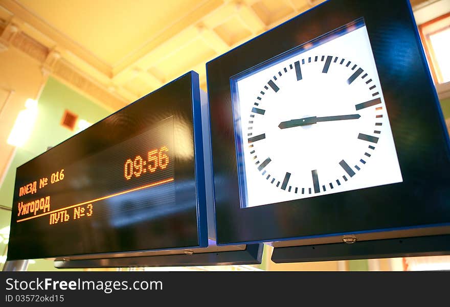 Scoreboard Arrival Times Of Trains And The Clock