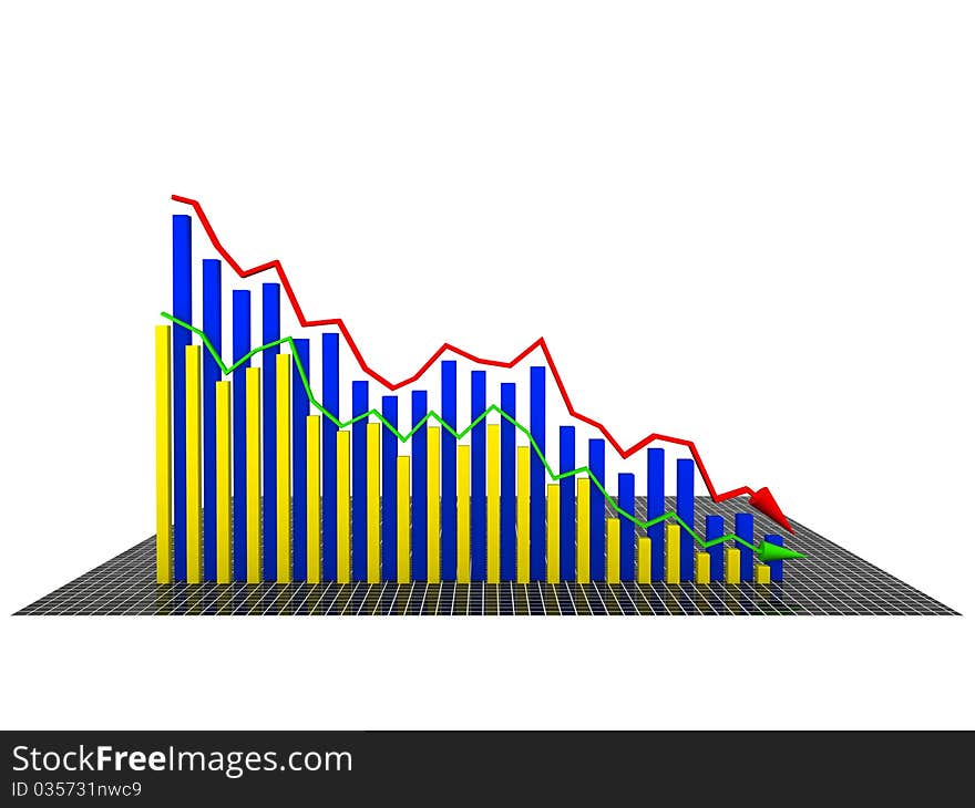 Economic losses schedule of yellow and blue boxes and red and green arrows on the surface of ceramic tile №2. Economic losses schedule of yellow and blue boxes and red and green arrows on the surface of ceramic tile №2