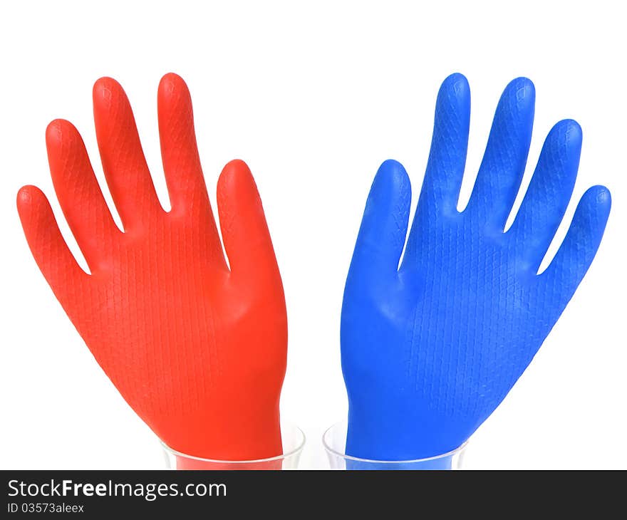 Red and blue gloves isolated on white background