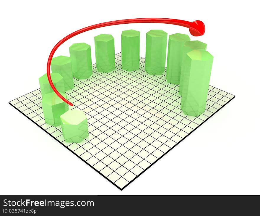 The graph of growth of the green hexagonal cylinders and red arrows stand in the mirror box on the white surface №2. The graph of growth of the green hexagonal cylinders and red arrows stand in the mirror box on the white surface №2