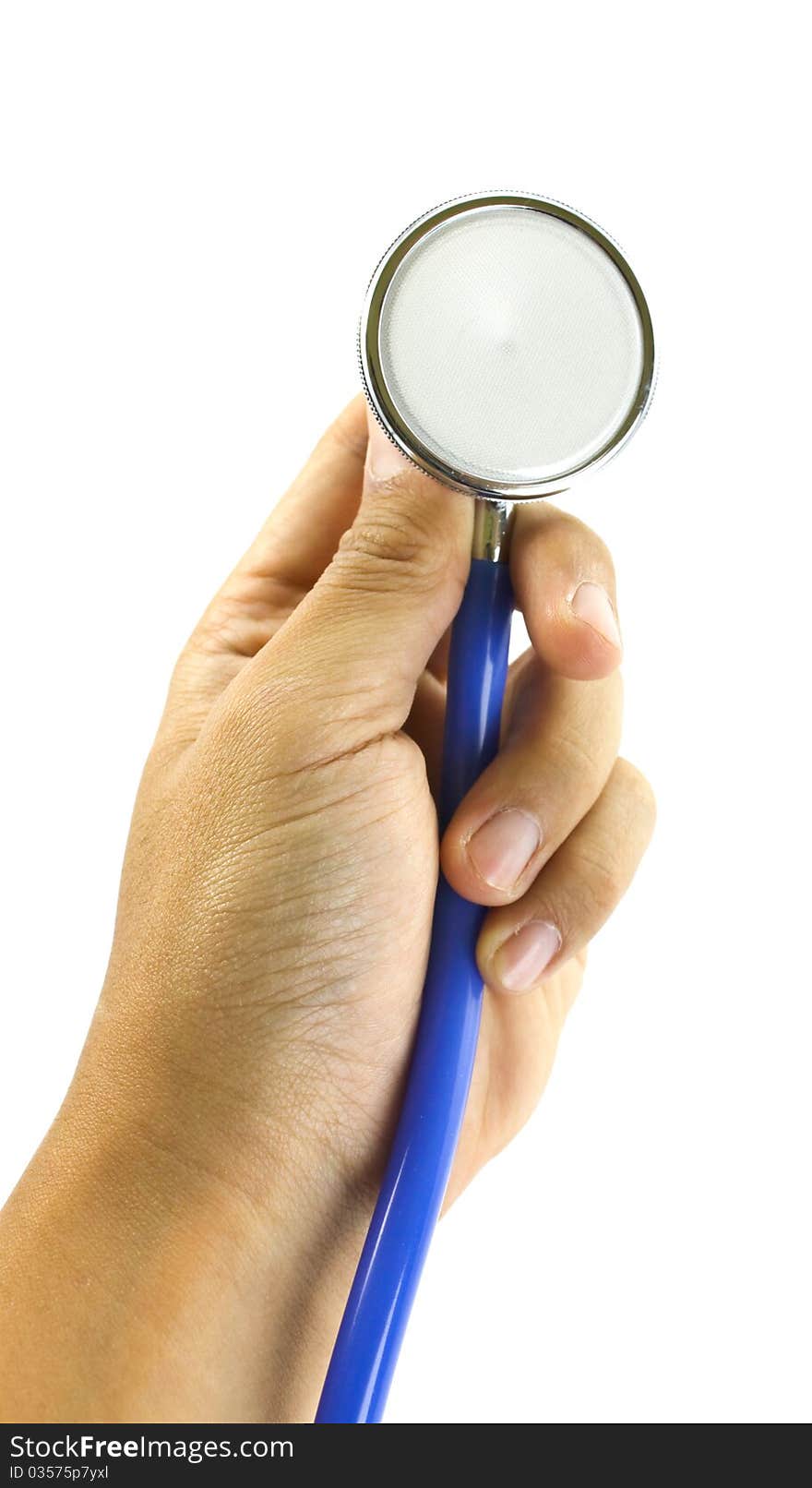 Hand holding stethoscope isolated on white background