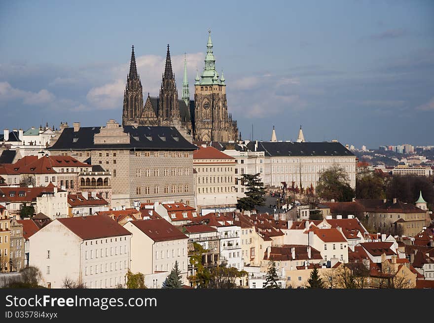 The skyline of Prague castle and houses around. The skyline of Prague castle and houses around