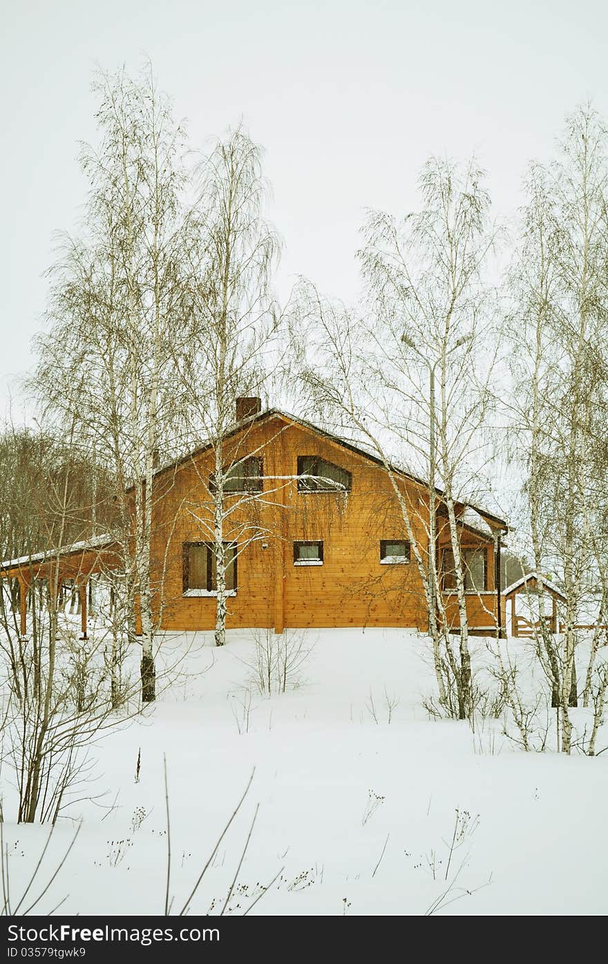 Cottage or chalet of stained wood, wooden house, residential structure, residential district, construction timber, prefabricated buildings with double glazing, winter trees, snow, white and brown, vertical. Cottage or chalet of stained wood, wooden house, residential structure, residential district, construction timber, prefabricated buildings with double glazing, winter trees, snow, white and brown, vertical