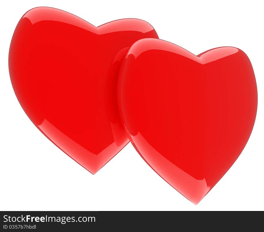 Bright red pair of loving hearts isolated on white background