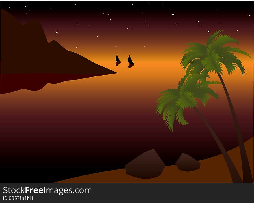 vector illustration of tropical palm beach near the ocean at sunset