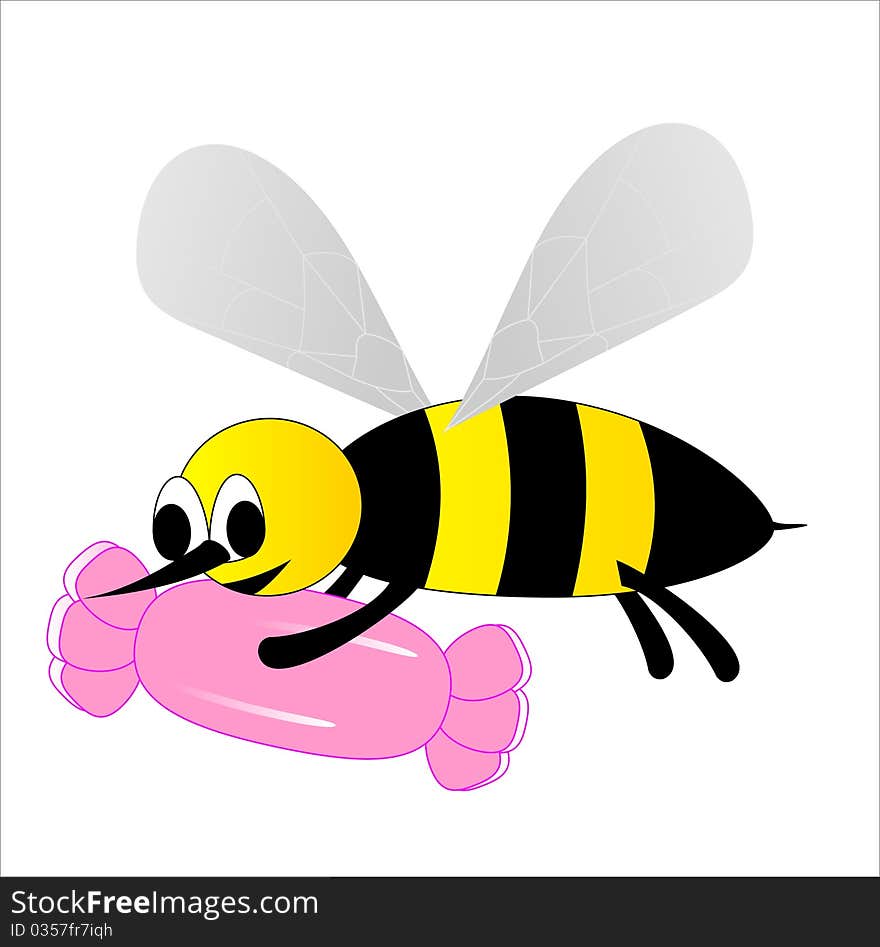 Wasp Flies and bears pink candy. The wasp has a sting in the back black, the wings are translucent. The background is white.