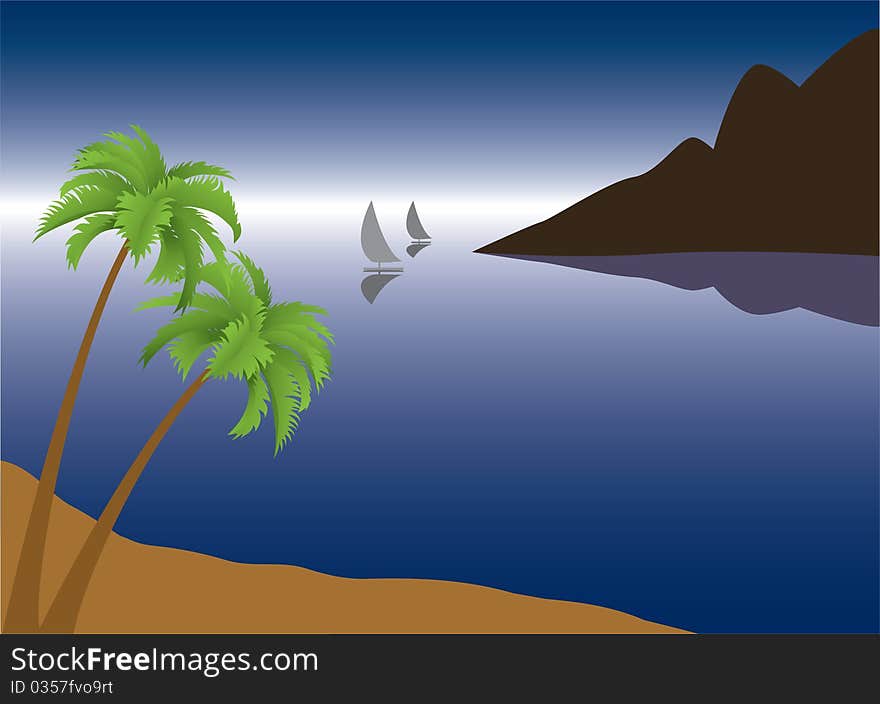 vector illustration of tropical palm beach near the ocean in the morning